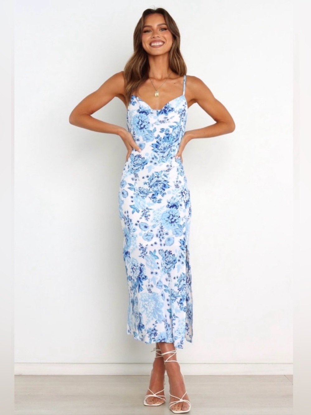 Petal & Pup Blue Floral Slip Dress with Cowl Neck